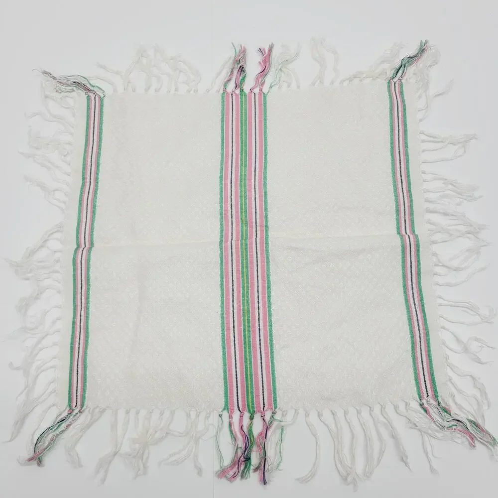 2 VTG White Diamond Texture Multi Stripe Fringed Napkins Green Pink Yellow Black